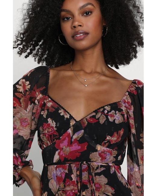 Lulus Black Dramatically Dreamy Floral Chiffon Tiered Lurex Mini Dress