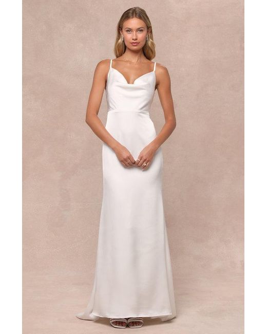 Lulus Natural Pristine Romance Satin Cowl Neck Mermaid Maxi Dress