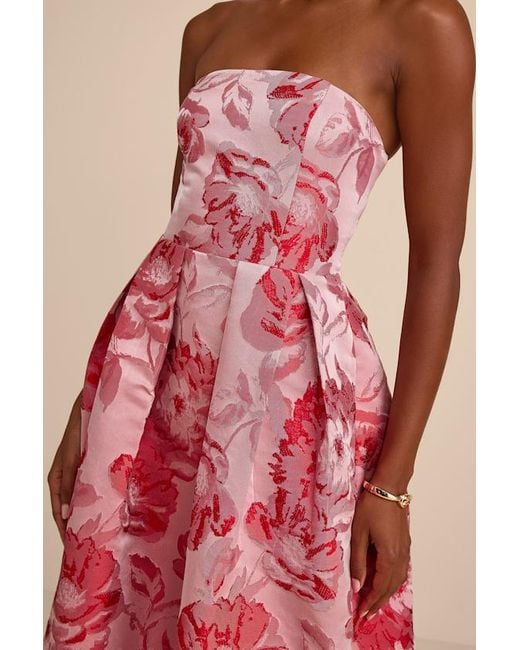 Lulus | Devil Wears Prada Red Elsa Floral Jacquard Strapless Maxi Dress