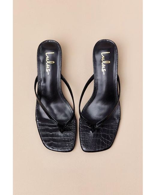 Lulus Black Massima Croc-Embrossed Kitten Heel Thong Sandals