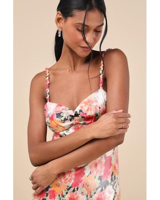Lulus Natural Sensational Spirit Multi Floral Satin Tie-Back Midi Dress