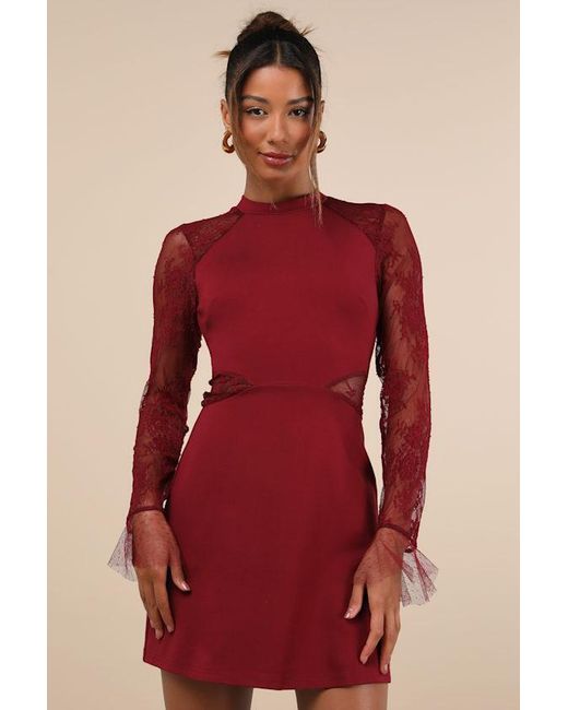 Lulus Red Bragging Rights Lace Long Sleeve Skater Dress