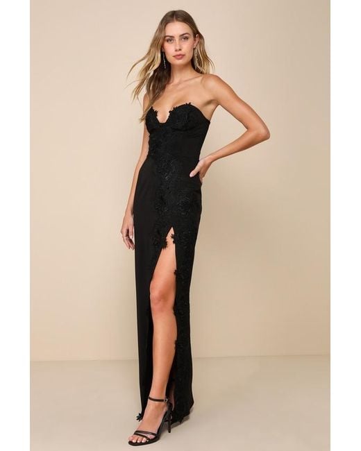 Lulus Natural Elegant Mood 3D Floral Applique Strapless Maxi Dress