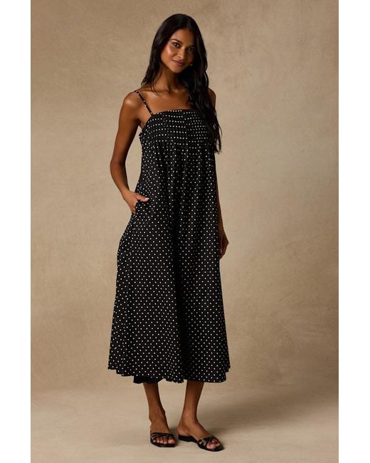 Lulus Black Sam Polka Dot Pleated Shift Midi Dress