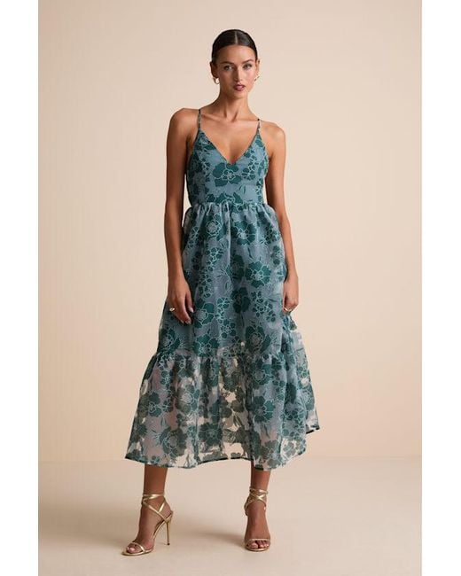 Lulus Blue Feeling Like Forever Jacquard Organza Lace-Up Midi Dress