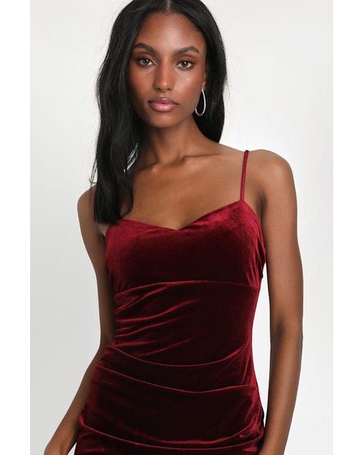 Lulus Red Plush Personality Velvet Ruched Bodycon Midi Dress