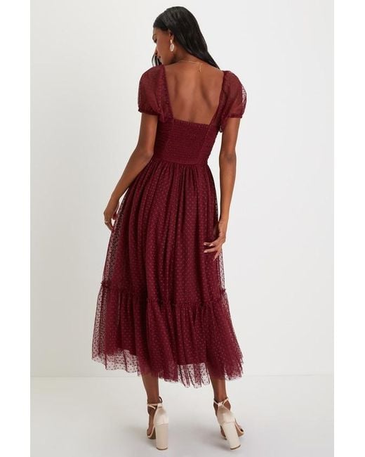 Lulus Sweet Amor Tulle Swiss Dot Tiered Bustier Midi Dress