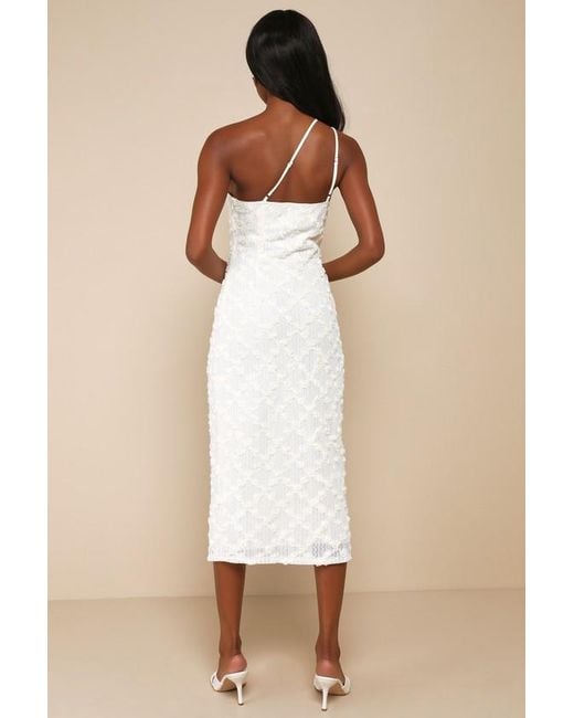Lulus Natural Truly Poised Textured 3D Floral One-Shoulder Midi Dress