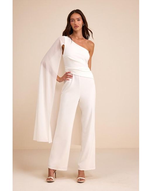 Lulus Natural Stevie One-Shoulder Cape Jumpsuit