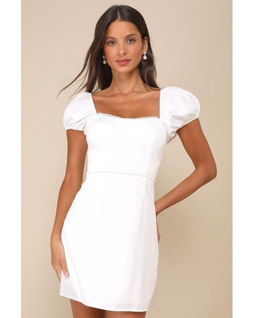 Lulus White Adorable Poise Pearl Puff Sleeve Mini Dress