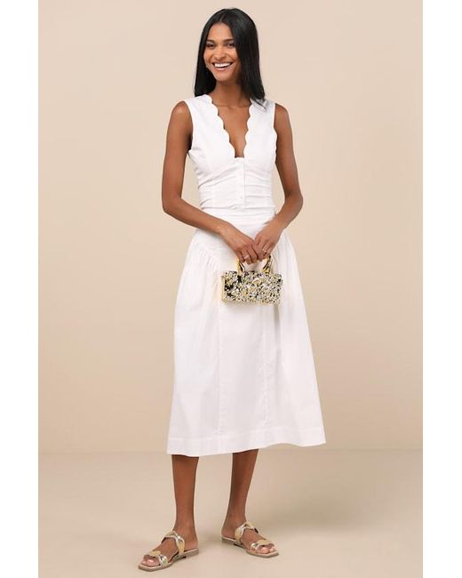 Lulus Natural Seasonally Lovely Scalloped Button-Front Poplin Top