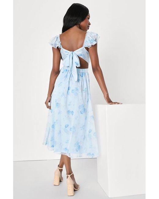 Lulus Loveliest Darling Floral Ruffled Tie-Back Midi Dress in Blue | Lyst UK