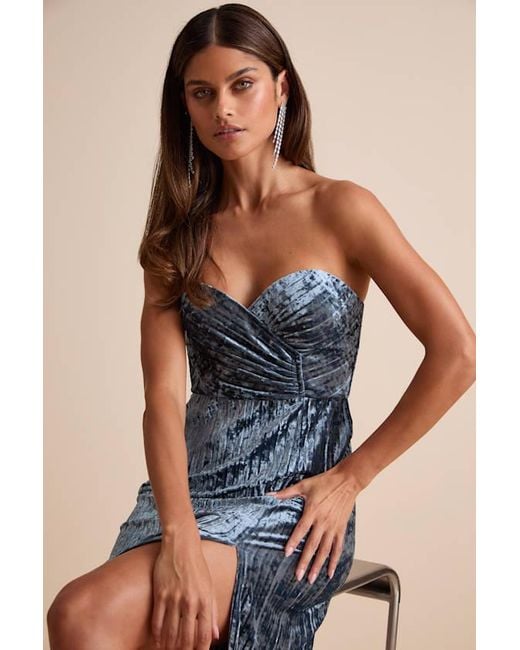 Lulus Blue Classy Sensation Slate Velvet Pleated Strapless Maxi Dress