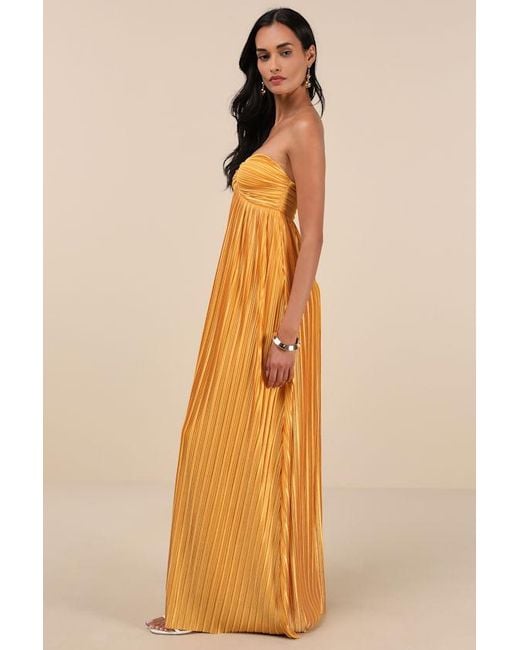 Lulus Natural Whimsical Beauty Satin Plisse Strapless Maxi Dress