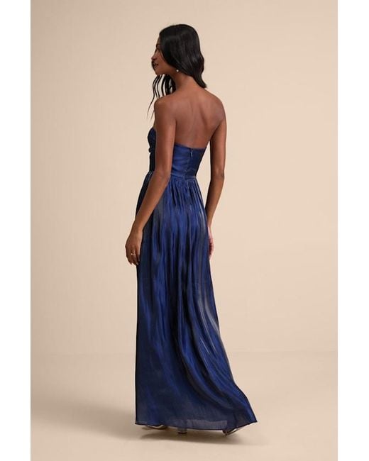 Lulus Blue Kylin Satin Basque Waist Maxi Dress