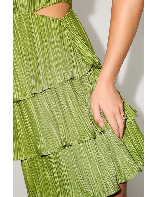 Lulus Green Sleek Dedication Satin Plisse Cutout Tiered Mini Dress