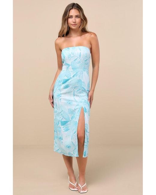 Lulus Blue Lyra Leaf Print Strapless Midi Dress