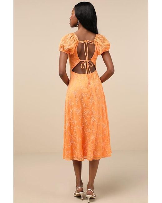 Lulus Orange Blossoming With Charm Embroidered Tie-Back Midi Dress