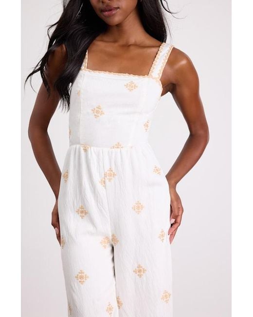 Lulus Natural Arwen Embroidered Wide-Leg Jumpsuit