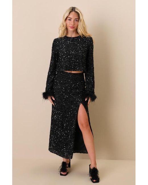 Lulus Black Sparkling Behavior Sequin Feather Long Sleeve Top