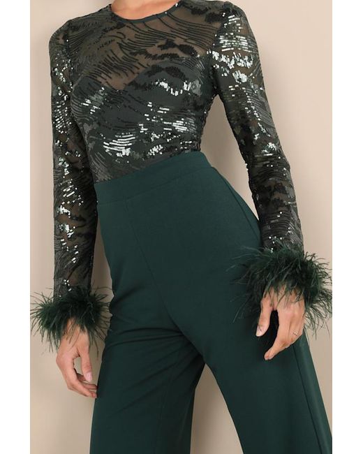 Lulus Blue Limitless Radiance Sequin Feather Long Sleeve Jumpsuit