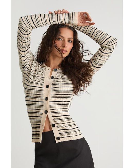 Lulus Black Lucie Cream And Striped Button-Up Sweater Top