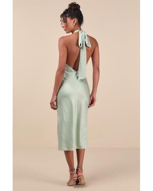 Lulus Natural Angelique Sage Satin Backless Halter Midi Dress