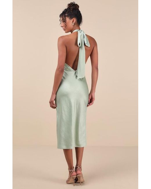 Lulus Natural Angelique Sage Satin Backless Halter Midi Dress