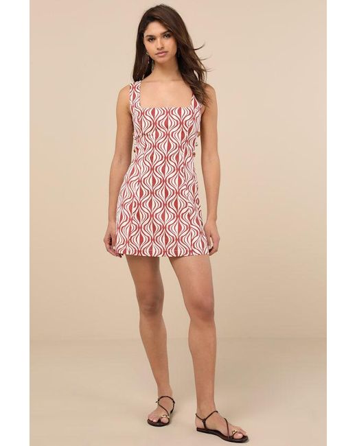 Lulus Pink Pollie Rust And Cream Print Beaded Linen Sleeveless Mini Dress