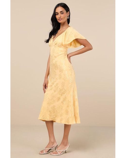 Lulus Natural Effervescent Afternoon Satin Flutter Sleeve Midi Dress