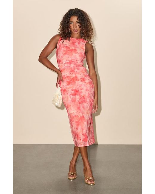 Lulus Pink Elyra Abstract Mesh Ruched Crew Neck Midi Dress