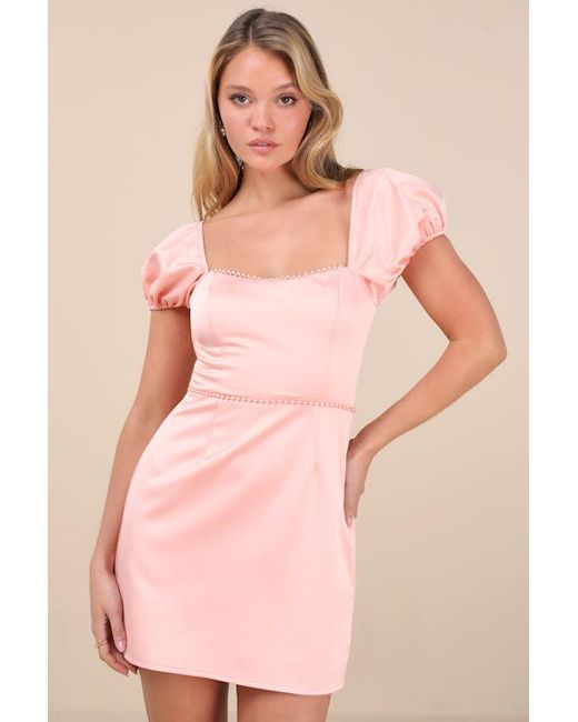 Lulus Pink Adorable Poise Pearl Puff Sleeve Mini Dress