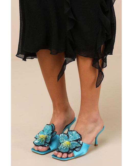 Lulus Blue Lumena Satin Flower High Heel Slide Sandals