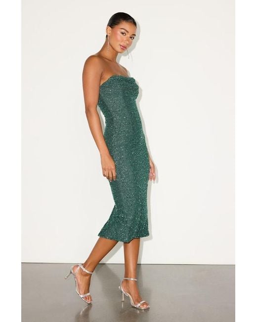 Lulus Green Catriona Emerald Beaded Cowl Neck Strapless Midi Dress