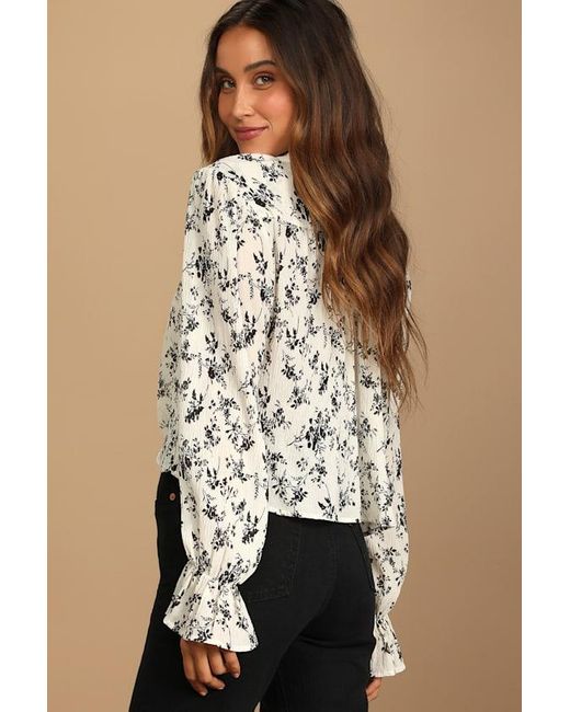 Lulus Natural Keep Things Classy Floral Print Button-Up Long Sleeve Top