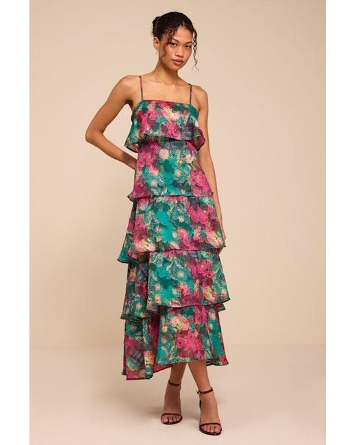 Lulus Blue Nia Multi Jacquard Organza Tiered Midi Dress