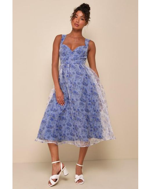 Lulus Blue Delightful Impulse Floral Organza Bustier Midi Dress