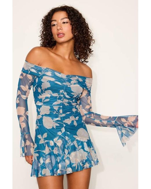 Lulus Blue Milith Floral Mesh Off-The-Shoulder Mini Dress