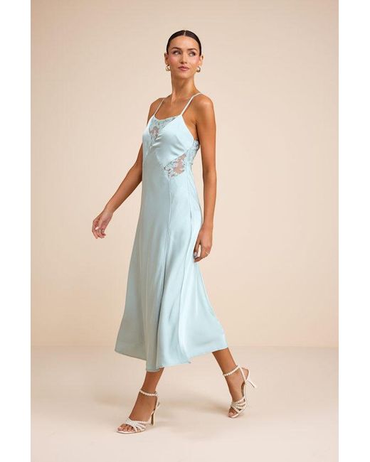 Lulus Blue Luetta Pale Satin Lace Slip Midi Dress