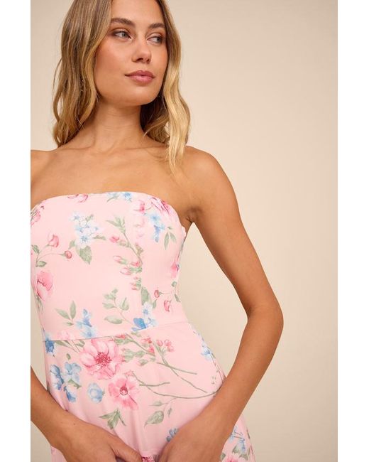 Lulus Pink Celebratory Aesthetic Floral Pleated Strapless Maxi Dress
