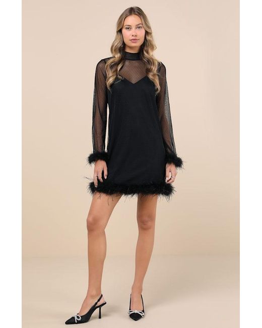 Lulus Black Immaculate Charisma Mesh Feather Long Sleeve Mini Dress