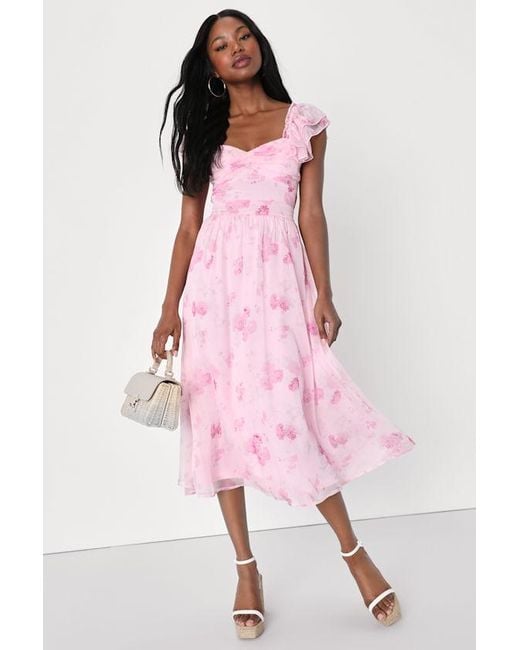 Lulus Pink Loveliest Darling Floral Ruffled Tie-Back Midi Dress