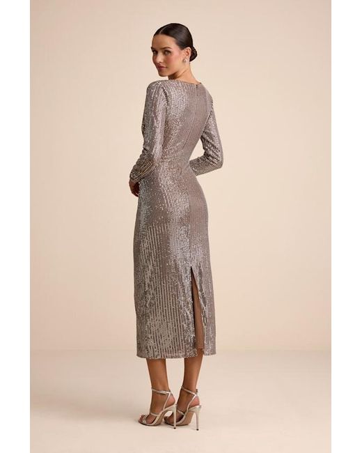 Lulus Natural Helena And Sequin Long Sleeve Midi Dress