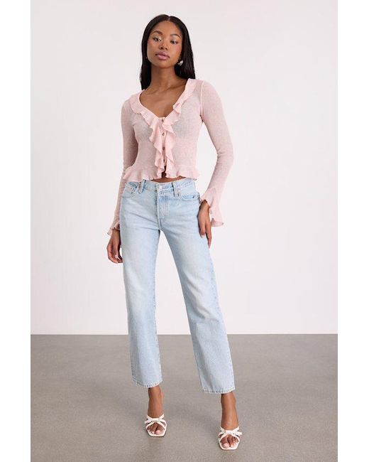 Lulus Pink Casley Blush Ruffled Button-Front Sweater Knit Top