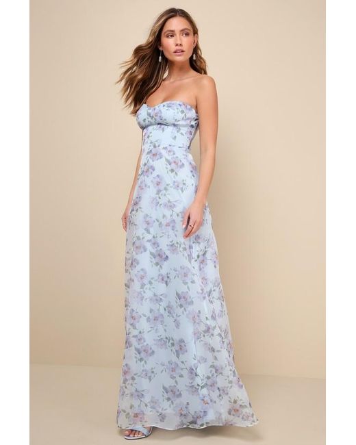 Lulus Blue Chic Preciousness Floral Organza Bustier Maxi Dress