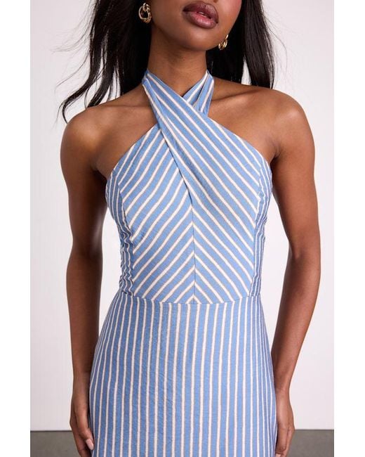 Lulus Blue Gratiana Striped Cross-Front Halter Midi Dress