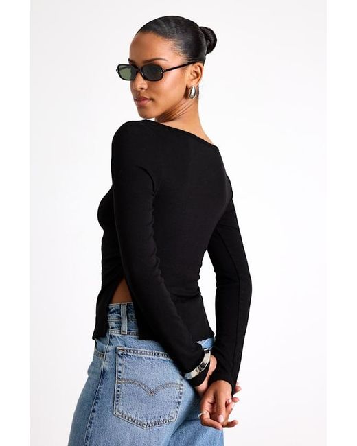 Lulus Blue Mehra Boat Neck Side Slit Long Sleeve Top
