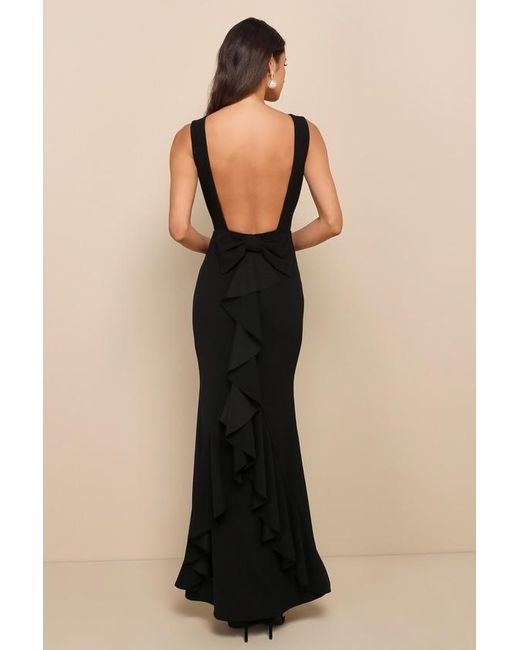 Lulus Black Exquisite Refinement Backless Bow Ruffled Maxi Dress
