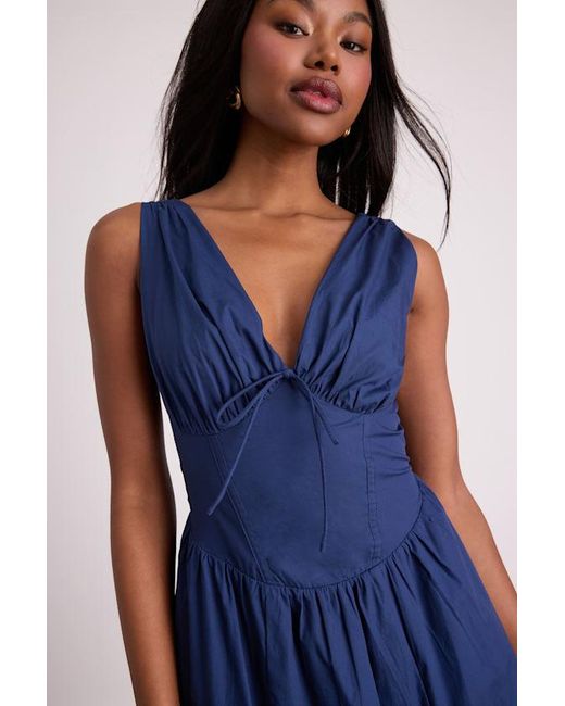 Lulus Blue Lettie Poplin Plunge Neck Midi Dress