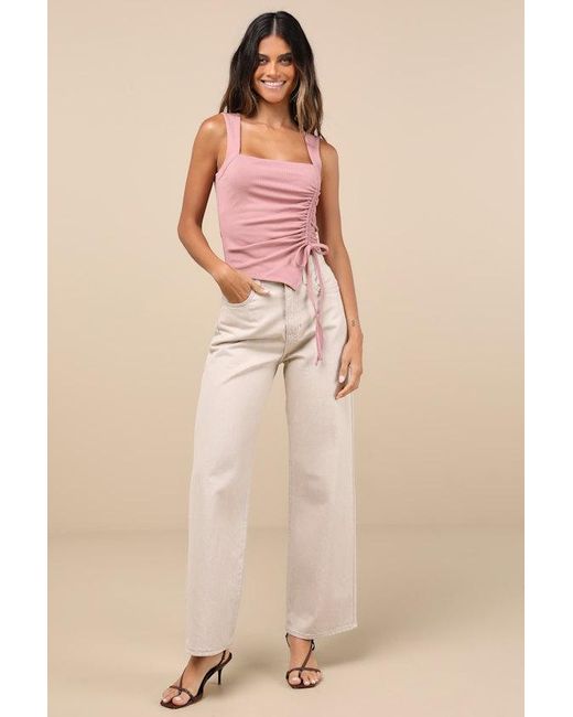 Lulus Pink Certainly Flirty Ribbed Ruched Square Neck Tank Top